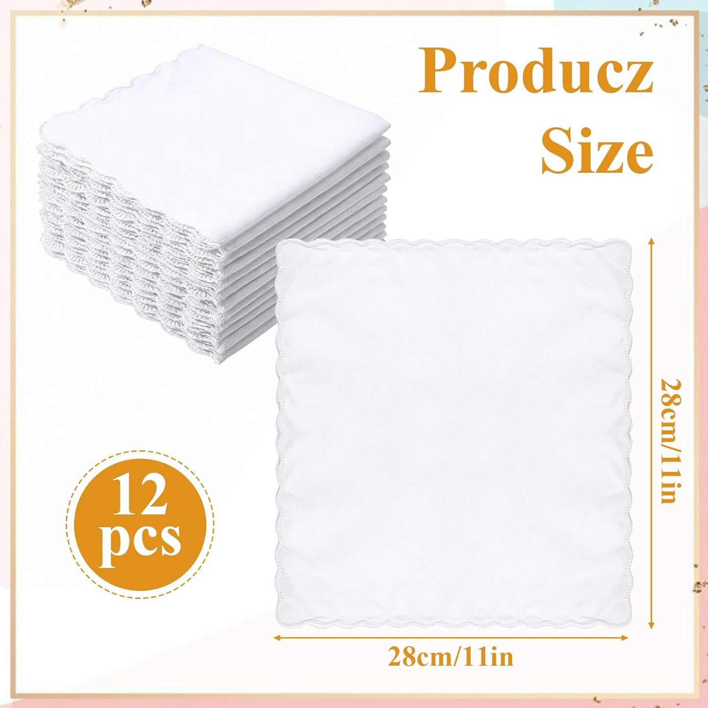 12 Pcs White Handkerchiefs for Women, Premium Polyester Soft Scalloped Edge Ladies Handkerchiefs Hankies, Small Pocket Squares Handkerchief for Wedding Party Gift Embroidery (11 x 11 Inch)
