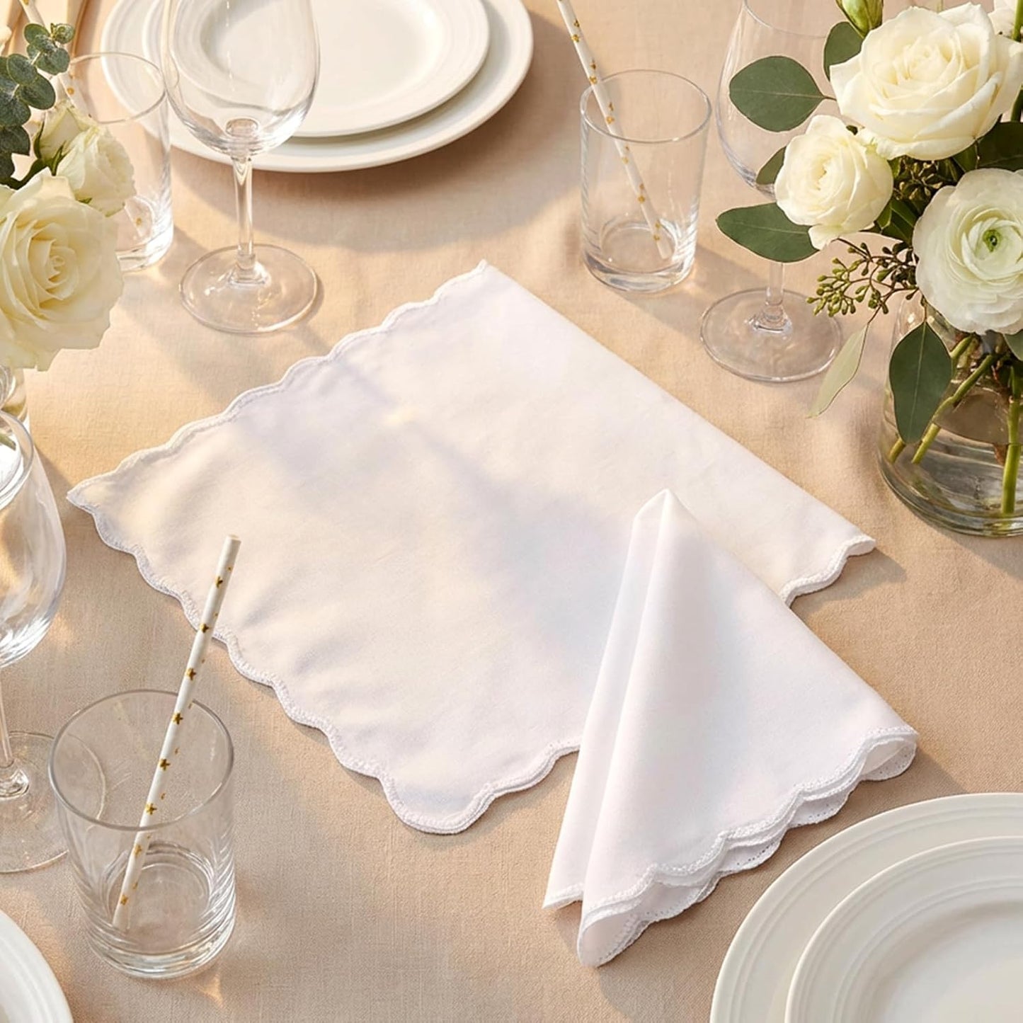 12 Pcs White Handkerchiefs for Women, Premium Polyester Soft Scalloped Edge Ladies Handkerchiefs Hankies, Small Pocket Squares Handkerchief for Wedding Party Gift Embroidery (11 x 11 Inch)