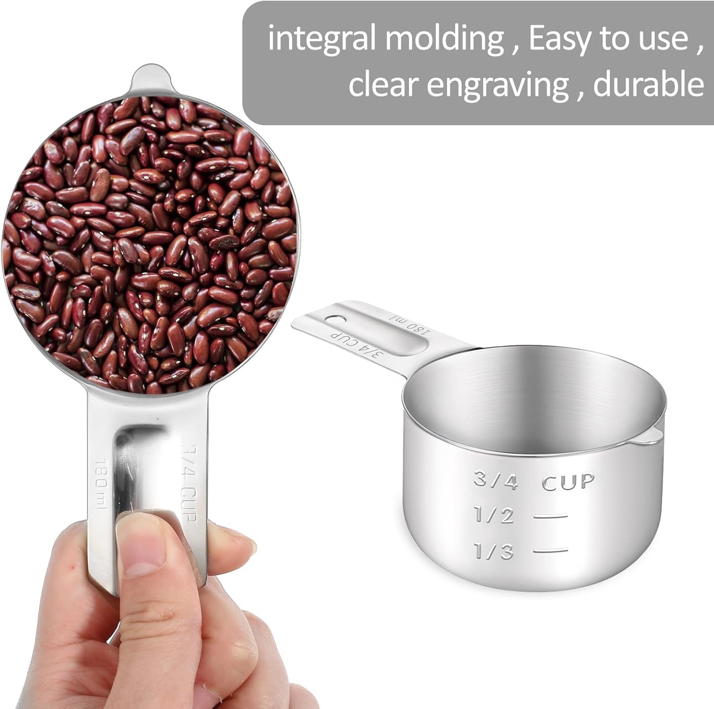 3/4 Cup (180ml, 6oz) Stainless Steel Measuring Cups Measure Scoop for Cooking Baking Coffee, Dishwasher Safe, Metric and US Measurement