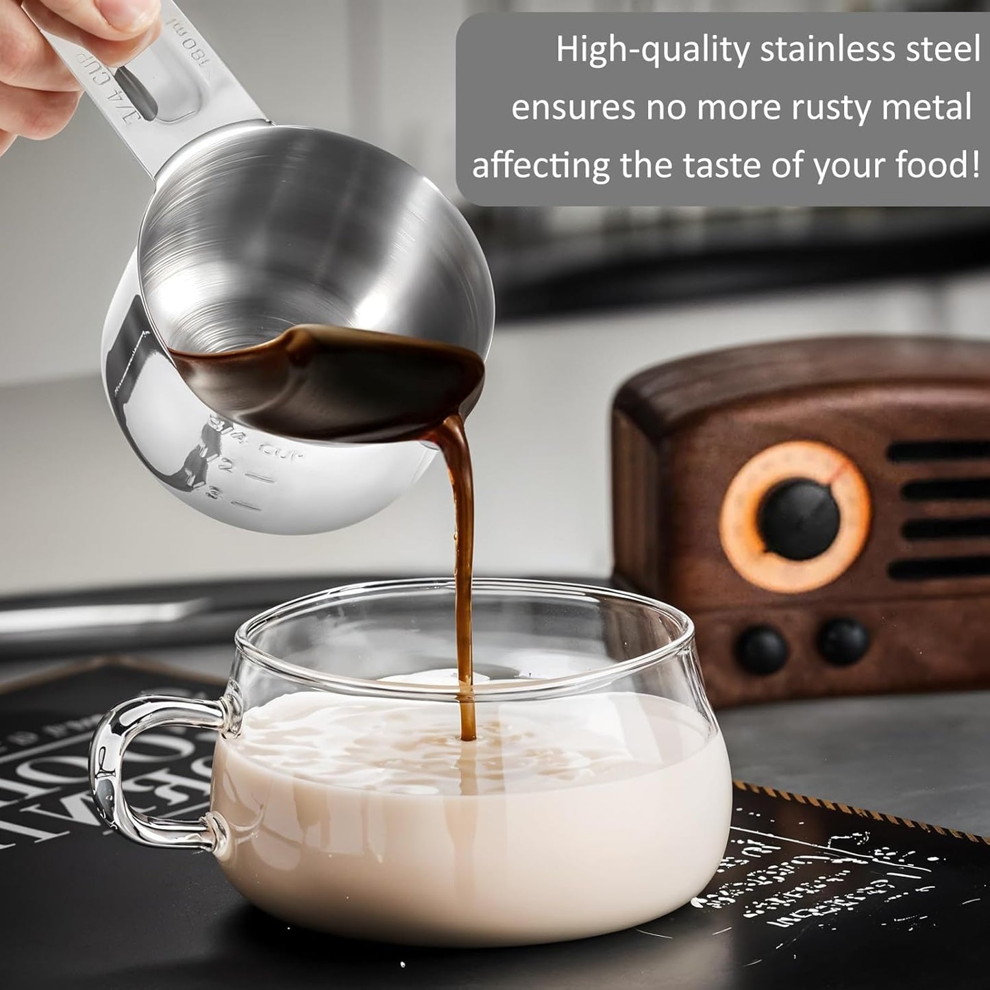 3/4 Cup (180ml, 6oz) Stainless Steel Measuring Cups Measure Scoop for Cooking Baking Coffee, Dishwasher Safe, Metric and US Measurement