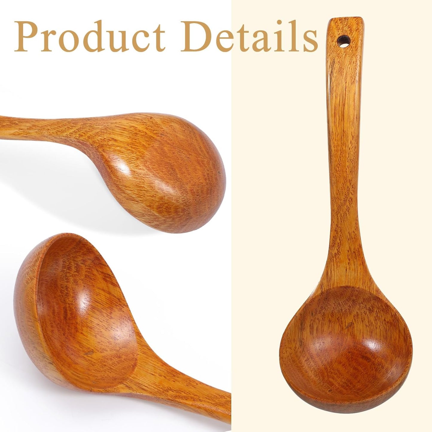 Wooden Ladle, 11" Long Handle Soup Ladle Spoon 3 fl oz Extra Large Kitchen Wooden Scoop Deep Teak Wood Spoon Utensil for Cooking Serving Cookware, Sustainable Natural Texture (Bigger and Deeper)