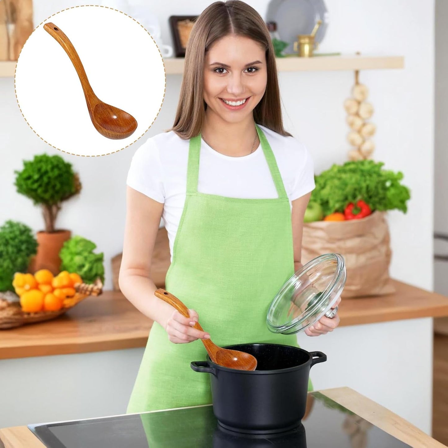 Wooden Ladle, 11" Long Handle Soup Ladle Spoon 3 fl oz Extra Large Kitchen Wooden Scoop Deep Teak Wood Spoon Utensil for Cooking Serving Cookware, Sustainable Natural Texture (Bigger and Deeper)