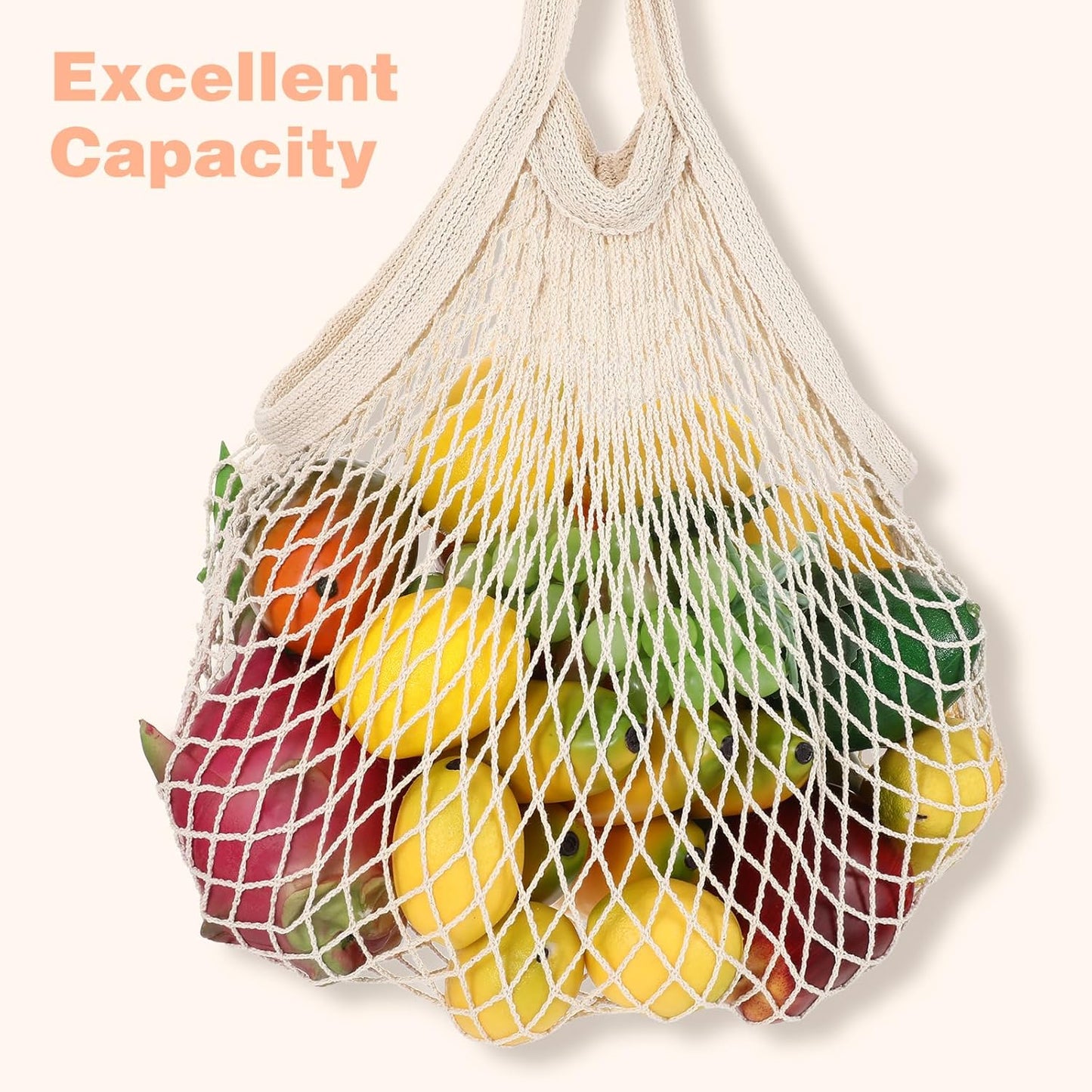 2 Pack Reusable Cotton Mesh Farmers Market Bag, Grocery Tote Net Shopping Bag, Washable Durable Portable Net String Produce Shopping Bags with Long Handle for Fruits, Vegetables, Shoppings (Beige)