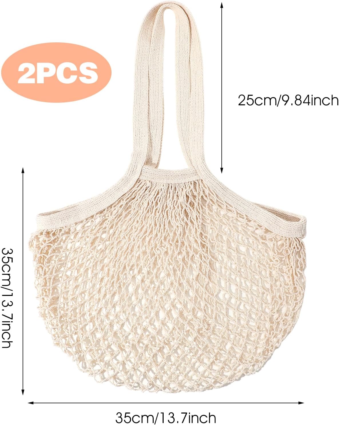 2 Pack Reusable Cotton Mesh Farmers Market Bag, Grocery Tote Net Shopping Bag, Washable Durable Portable Net String Produce Shopping Bags with Long Handle for Fruits, Vegetables, Shoppings (Beige)