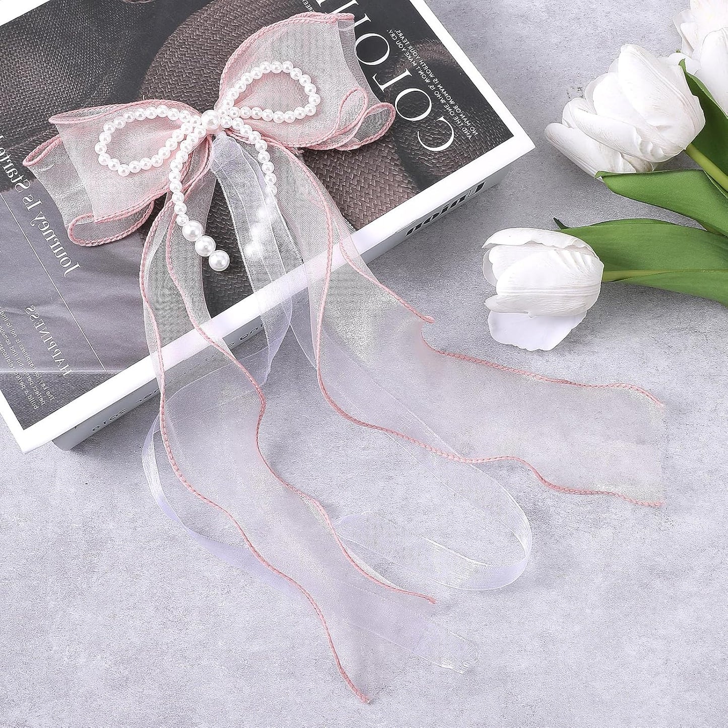 2 PCS Bow Curtain Tiebacks, Elegant Pink Bow Butterfly Curtain Tiebacks with Pearls Sweet Bowknot Holdbacks for Stylish Home Bedroom Offices Dining Rooms Wedding Party Decoration - 31.5 in(80 cm)