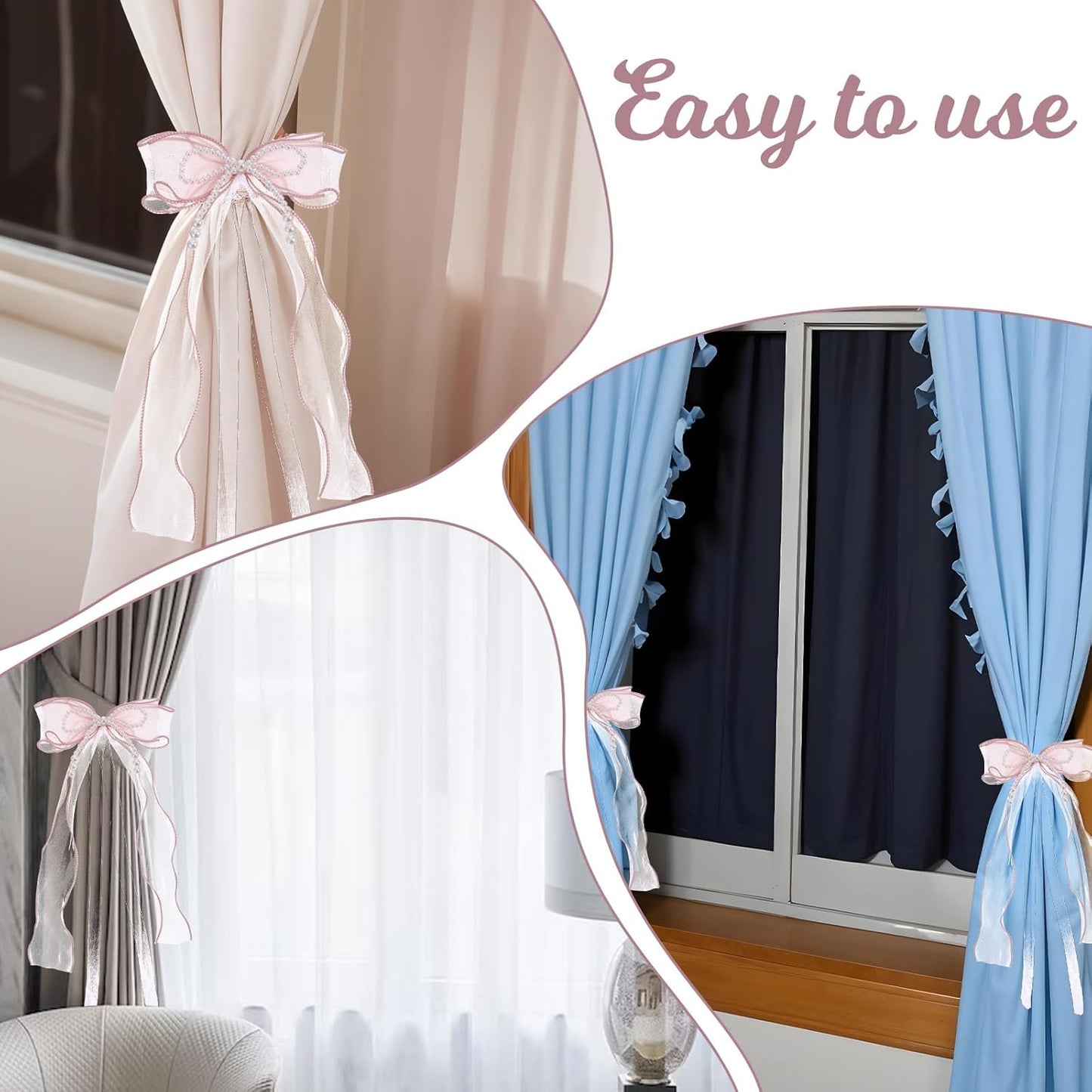 2 PCS Bow Curtain Tiebacks, Elegant Pink Bow Butterfly Curtain Tiebacks with Pearls Sweet Bowknot Holdbacks for Stylish Home Bedroom Offices Dining Rooms Wedding Party Decoration - 31.5 in(80 cm)