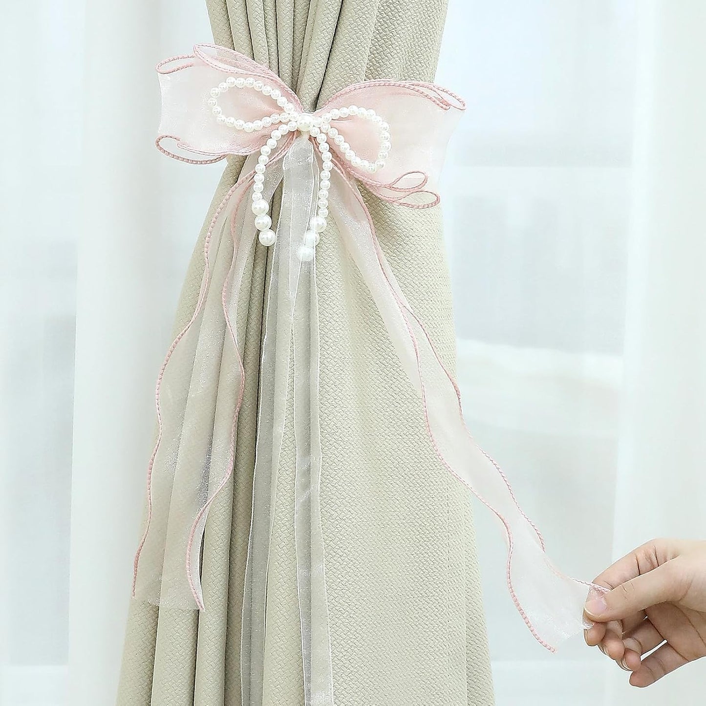 2 PCS Bow Curtain Tiebacks, Elegant Pink Bow Butterfly Curtain Tiebacks with Pearls Sweet Bowknot Holdbacks for Stylish Home Bedroom Offices Dining Rooms Wedding Party Decoration - 31.5 in(80 cm)