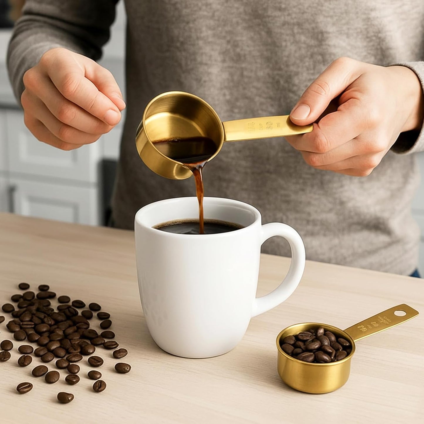 1/4 Cup Measuring Cups, 4 Pcs Golden Stainless Steel Measuring Scoop Gold Kitchen Accessories Metal 2 oz Cups for Baking Cooking Dry and Liquid Ingredient, Dishwasher Safe