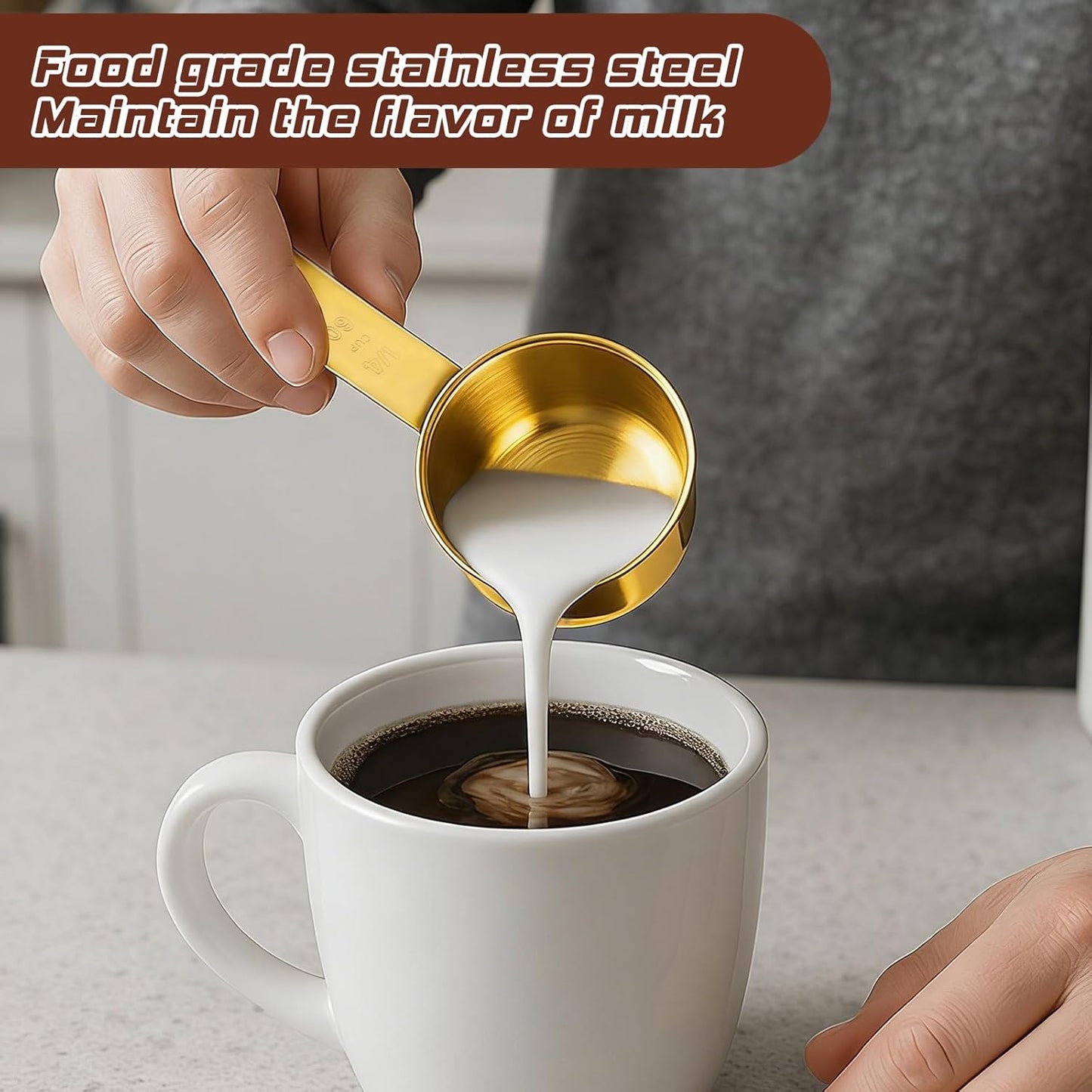 1/4 Cup Measuring Cups, 4 Pcs Golden Stainless Steel Measuring Scoop Gold Kitchen Accessories Metal 2 oz Cups for Baking Cooking Dry and Liquid Ingredient, Dishwasher Safe