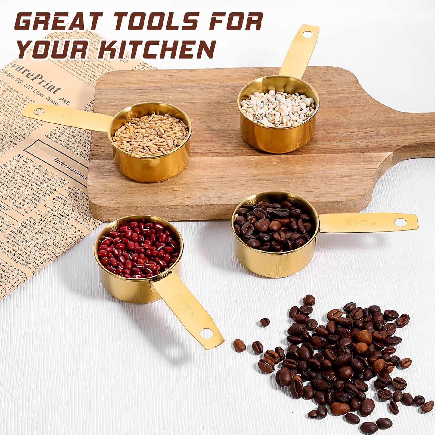 1/4 Cup Measuring Cups, 4 Pcs Golden Stainless Steel Measuring Scoop Gold Kitchen Accessories Metal 2 oz Cups for Baking Cooking Dry and Liquid Ingredient, Dishwasher Safe