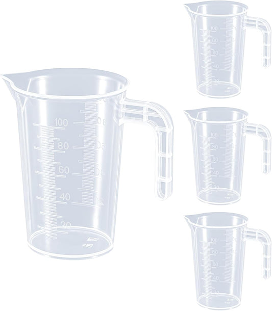 Plastic Measuring Beaker, 4 Pcs Liquid Measuring Cups, 100 ml Unbreakable Graduated Beakers with Handle and Spout, Transparent Clear Precise Markings for Kitchen Baking Lab Restaurant Use