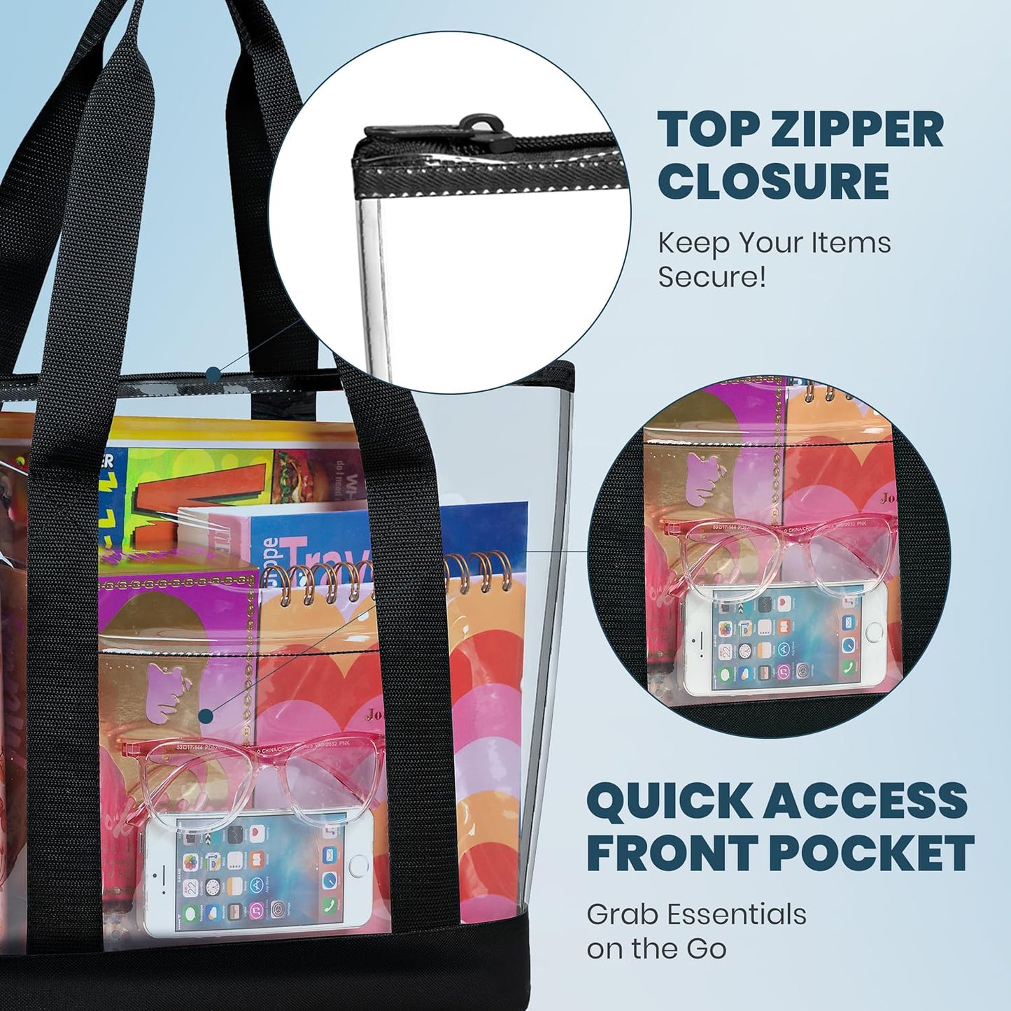 Clear Tote Bag - Zipper Closure, Long Shoulder Strap, Fabric Trimming. | Zipper Closure, Long Shoulder Strap, Fabric Trimming