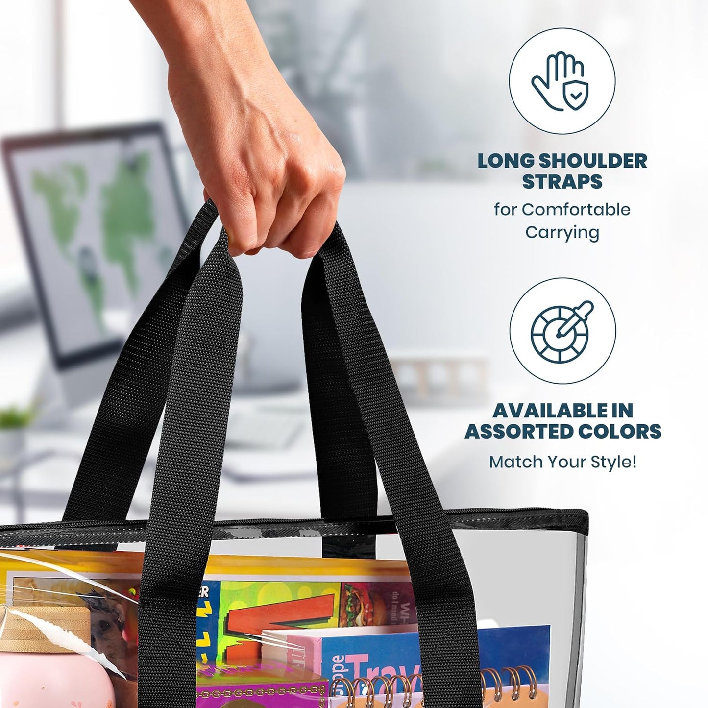 Clear Tote Bag - Zipper Closure, Long Shoulder Strap, Fabric Trimming. | Zipper Closure, Long Shoulder Strap, Fabric Trimming
