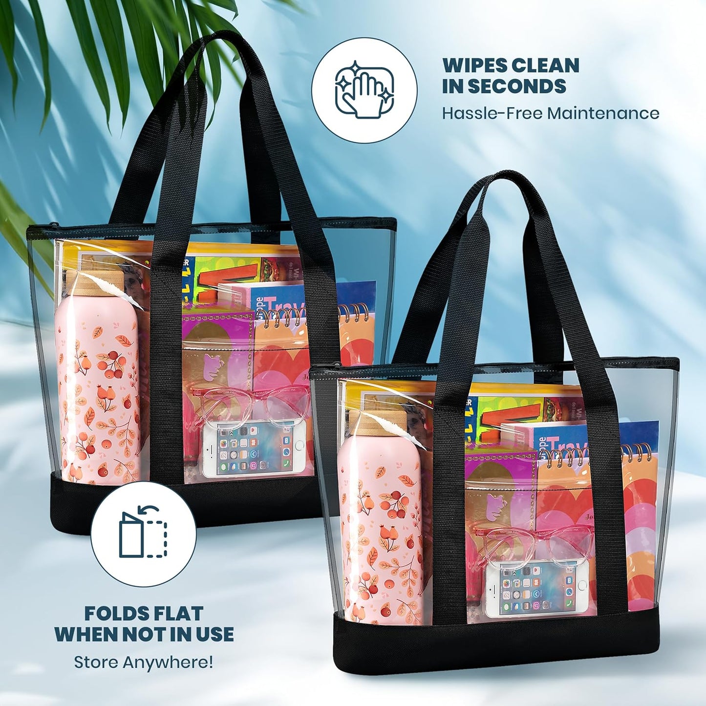Clear Tote Bag - Zipper Closure, Long Shoulder Strap, Fabric Trimming. | Zipper Closure, Long Shoulder Strap, Fabric Trimming