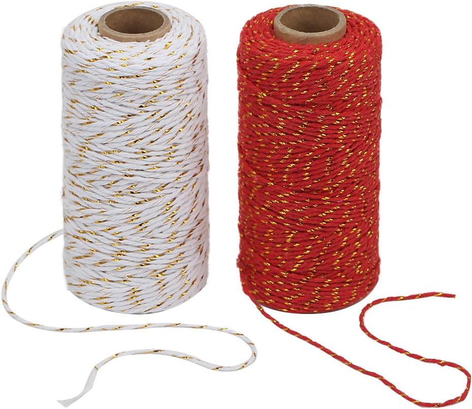 Bakers Twine, 2 Roll x 328 Feet 2mm Gold Wire Combined Christmas Twine String Ribbon for Gift Wrapping, Baking, Crafting, Holiday Decorations
