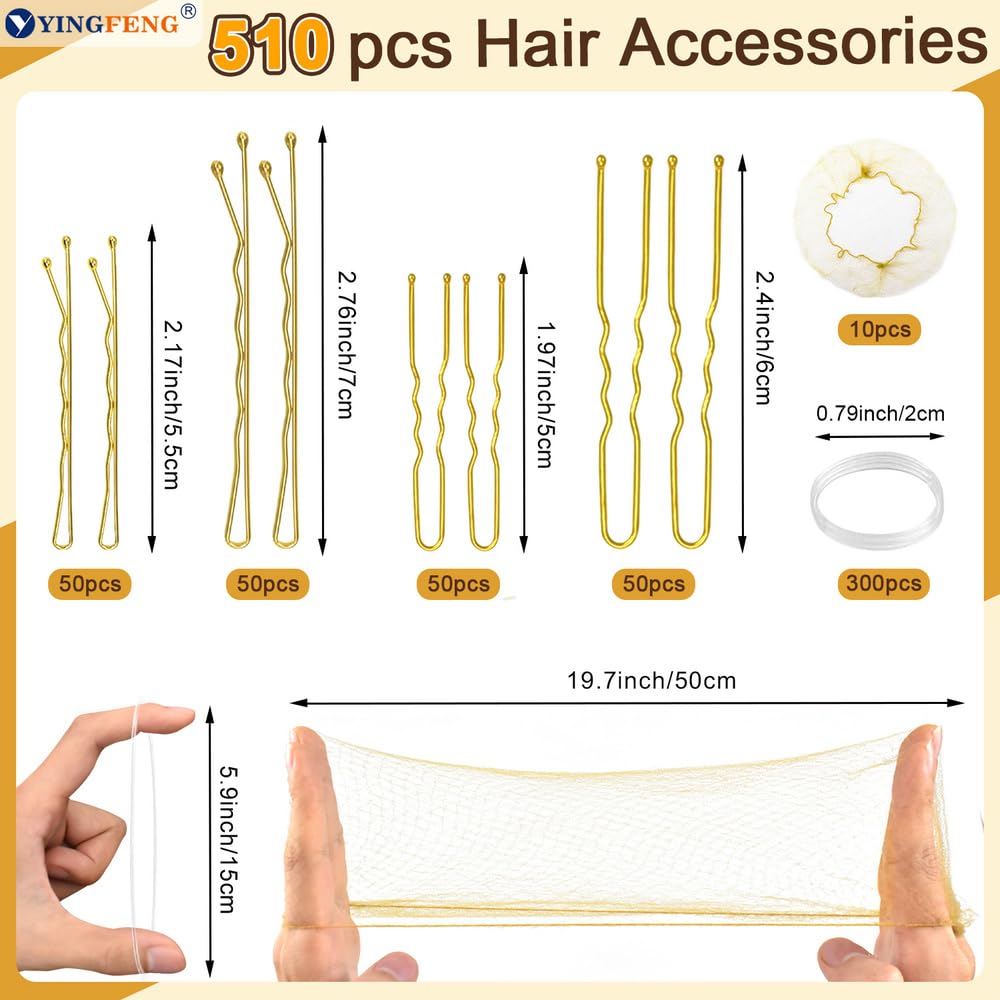 510PCS Blonde Bobby Pins Hair Pins Kit with Hair Net,  Includes 100 Bobby Pins for Women, 100 U Shaped Buns Hair Clips, 300 Hair Bands and 10 Blonde Hair Nets, Dance competition must haves