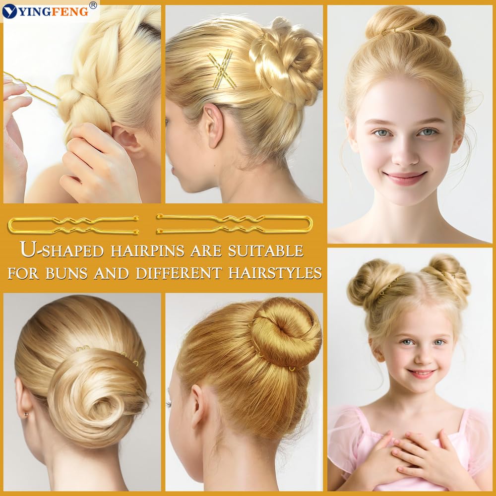510PCS Blonde Bobby Pins Hair Pins Kit with Hair Net,  Includes 100 Bobby Pins for Women, 100 U Shaped Buns Hair Clips, 300 Hair Bands and 10 Blonde Hair Nets, Dance competition must haves
