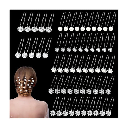 60 Pcs 7 Styles Silver Bridal Wedding Hair Pins,  Flower Hair Clips for Women, U Shaped Crystal Pearl Hair Clips, Suitable for Brides, Bridesmaids, Women's Wedding Hair Accessories