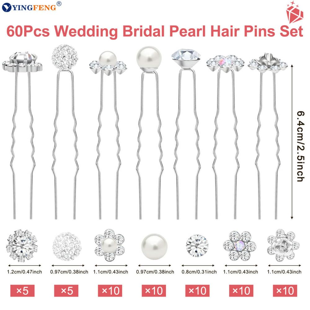 60 Pcs 7 Styles Silver Bridal Wedding Hair Pins,  Flower Hair Clips for Women, U Shaped Crystal Pearl Hair Clips, Suitable for Brides, Bridesmaids, Women's Wedding Hair Accessories