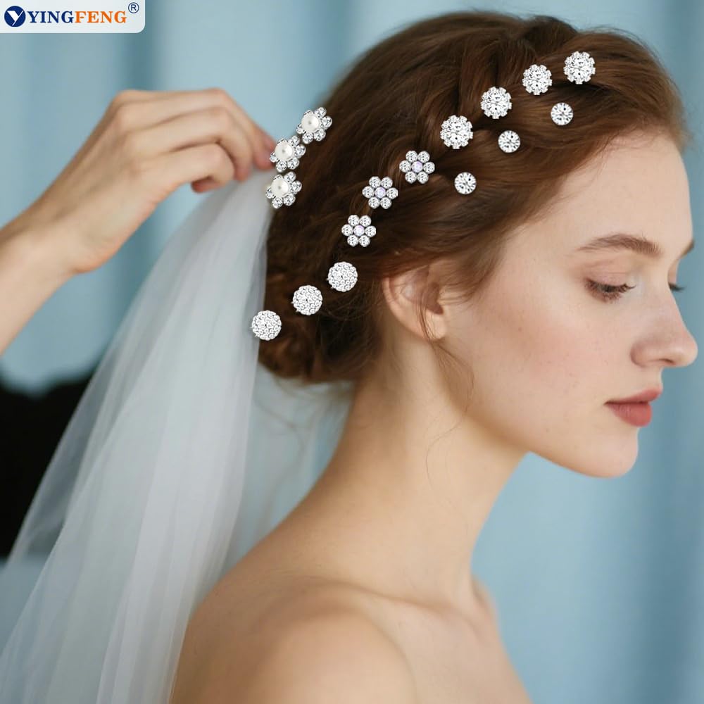 60 Pcs 7 Styles Silver Bridal Wedding Hair Pins,  Flower Hair Clips for Women, U Shaped Crystal Pearl Hair Clips, Suitable for Brides, Bridesmaids, Women's Wedding Hair Accessories