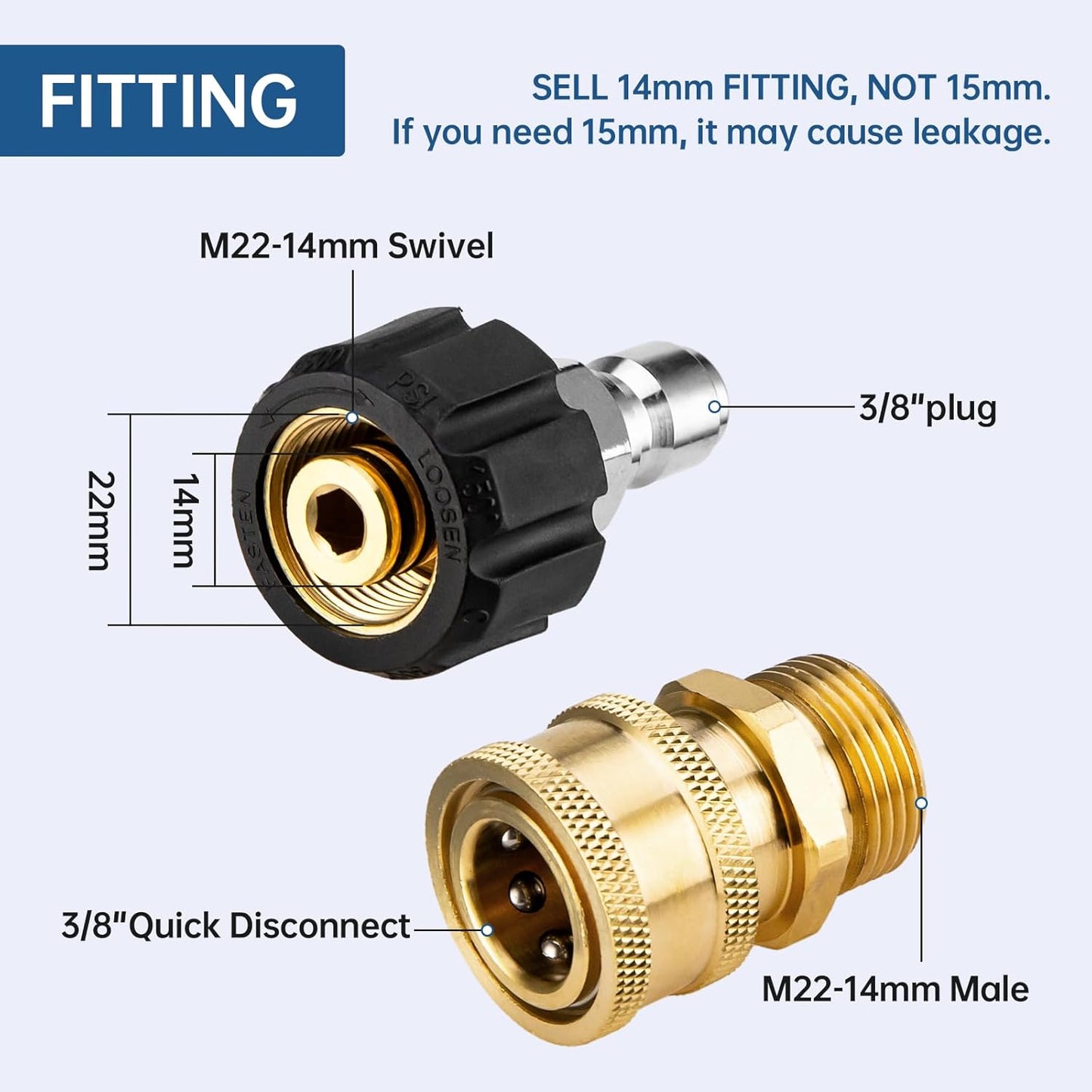Pressure Washer Adapter Set, Quick Connect Kit, M22 14mm to 3/8 Inch Quick Connect Pressure Washer Hose Adapter