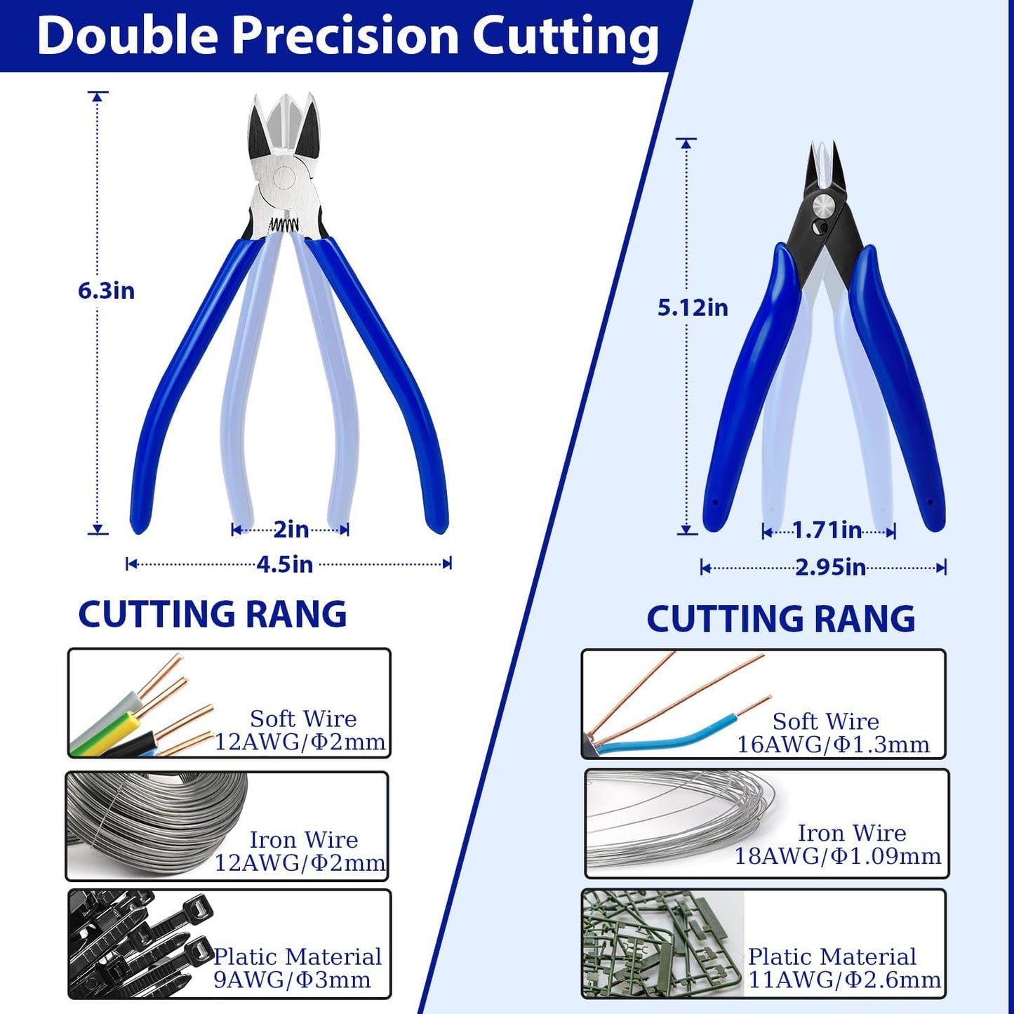 2 Pack Wire Cutters Set, 6" and 5" Ultra Sharp Flush Cutters, Carbon Steel Wire Cutters for Crafting, Electronics, 3D Prints, Jewelry Making, Model Sprue, Zip Ties(6"+ 5", Blue, 2 Pack)