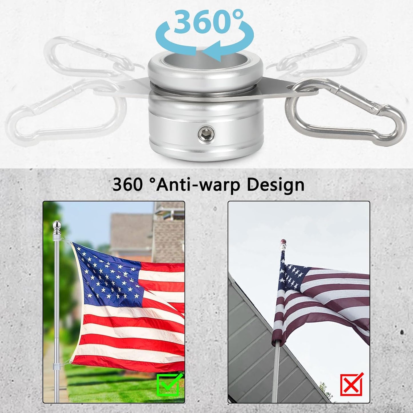 Flag Pole Rings, Aluminum Alloy Flag Pole Clips Swivels 360° Rotating Anti Wrap Mounting Ring with Carabiner, Flag Pole Kit Parts (Φ:1 Inch -Pack of 2(Silver))