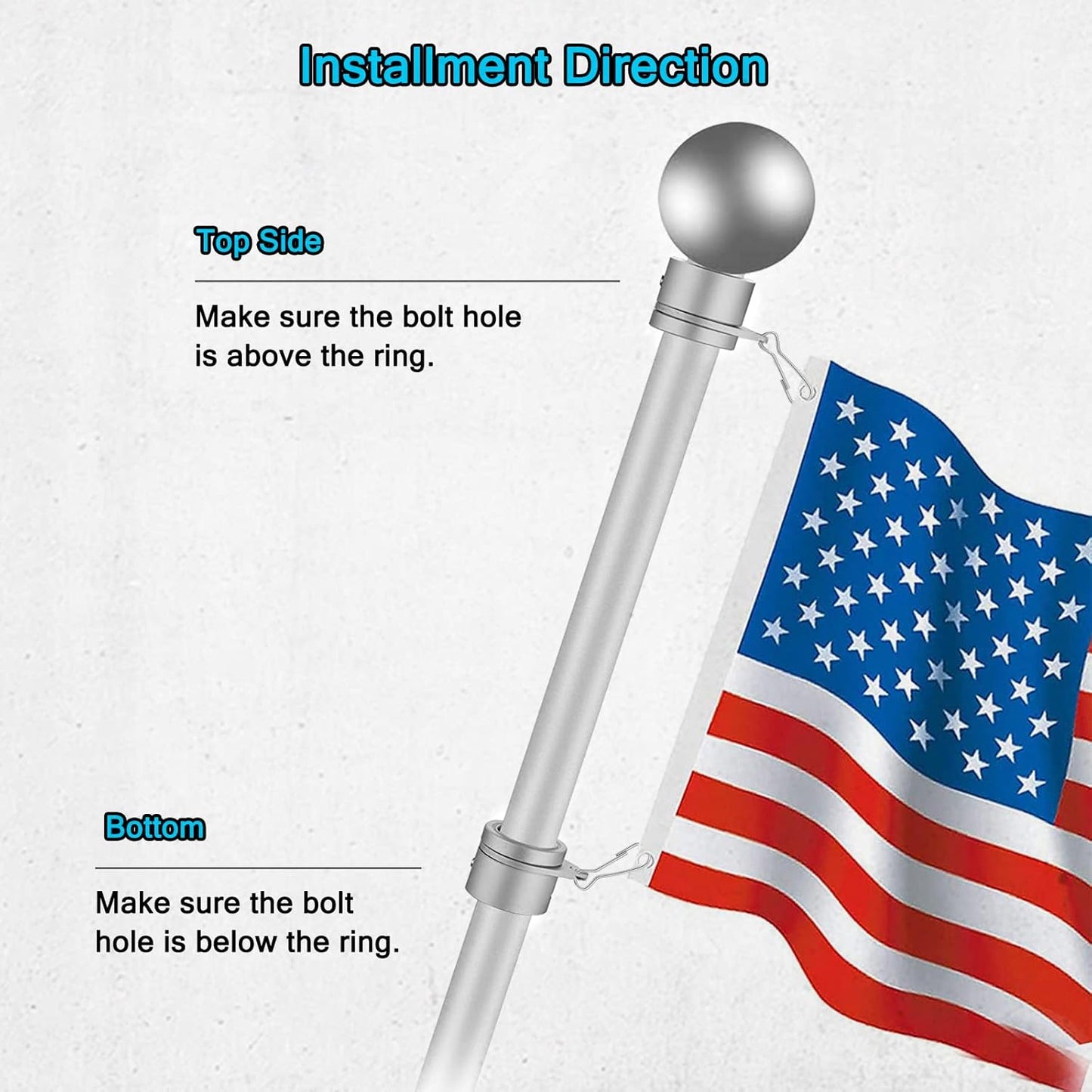 Flag Pole Rings, Aluminum Alloy Flagpole Rings 360° Rotating Anti Wrap Mounting Ring, Spinning Clips with Carabiner for 0.75-1.02 Inch Diameter- Pack of 2 (Matte Silver)