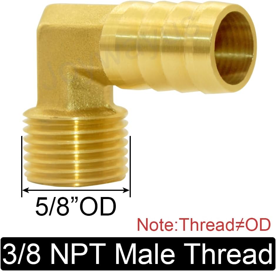 Brass Hose Fitting, 90 Degree Elbow, 1/2" Barb x 3/8" NPT Male Pipe Water/Fuel/Air (Pack of 2)