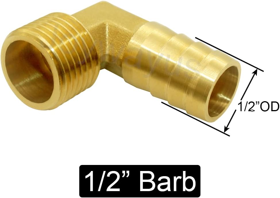Brass Hose Fitting, 90 Degree Elbow, 1/2" Barb x 3/8" NPT Male Pipe Water/Fuel/Air (Pack of 2)
