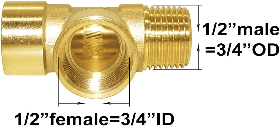 Brass Pipe Fitting Barstock Tee 3 Way NPT 1/2" Female x 1/2" Female x 1/2" Male Hose Fitting