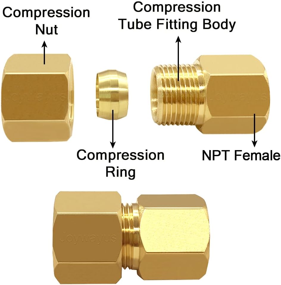 Brass Compression Tube Pipe Fitting 3/8" Tube OD Compression x 1/4" NPT Female Union Connector (Pack of 2)