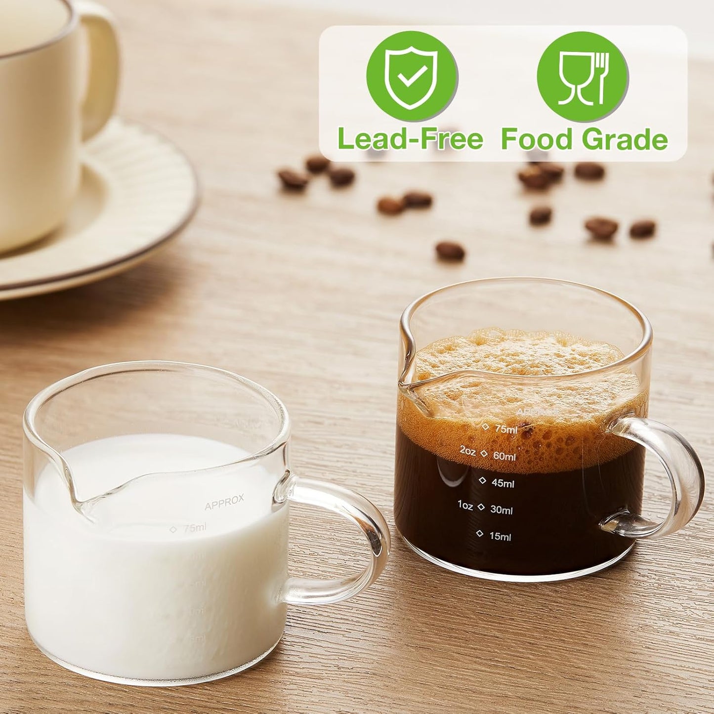 2 Pack Measuring Cups, 75ML Espresso Cups with Handle, Espresso Shot Glasses with V-Shaped Mouth, Clear Accessories, Milk Frothing Pitcher | with Handle, with V-Shaped Mouth, Accessories