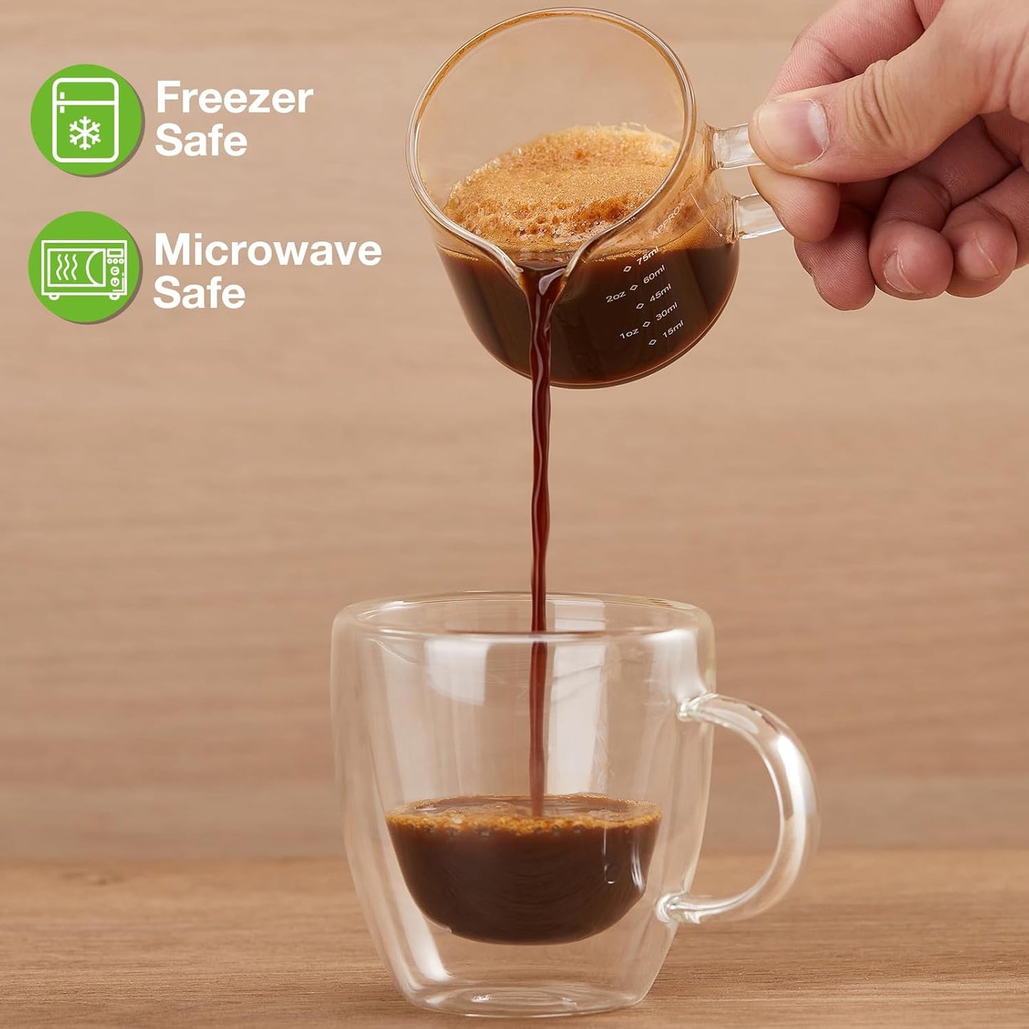 2 Pack Measuring Cups, 75ML Espresso Cups with Handle, Espresso Shot Glasses with V-Shaped Mouth, Clear Accessories, Milk Frothing Pitcher | with Handle, with V-Shaped Mouth, Accessories