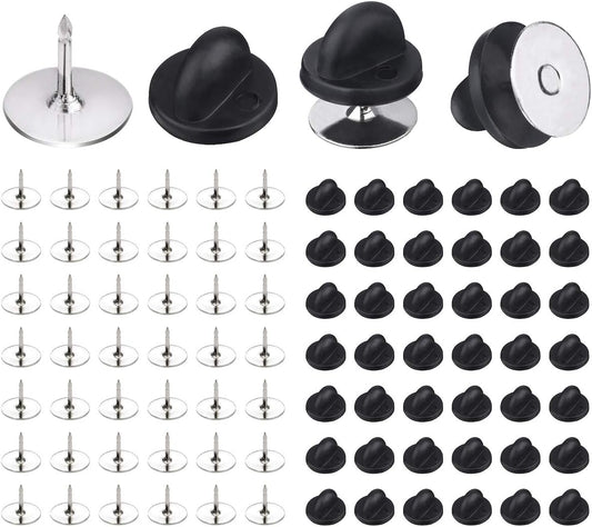 50 Pairs Pin Backings Tie Tacks Blank Pins with Rubber Backings Pinbacks for Crafts (Silver Black, 50 Sets)