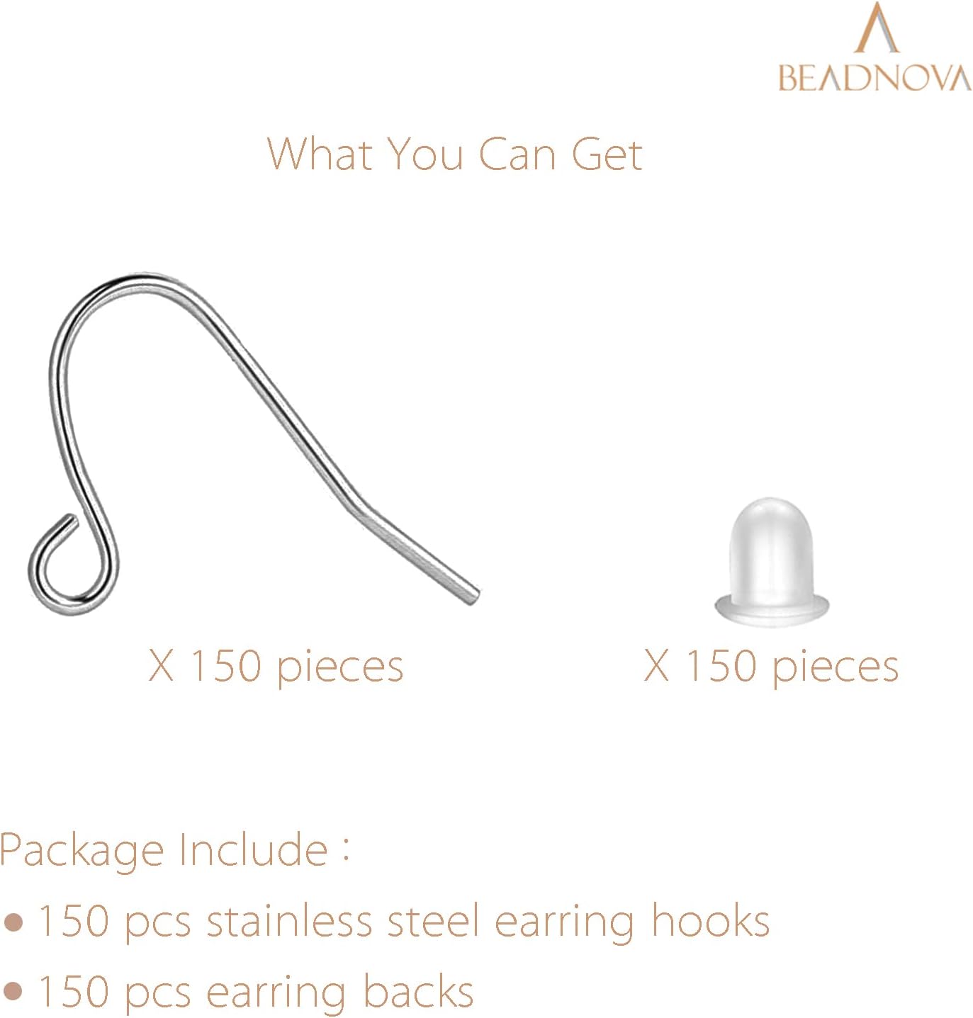 Earring Hooks 150pcs Stainless Steel Ear Wire Kits with Rubber Backs Earring Hook for Jewelry Making DIY Earwires Supplies (150pcs Ear Wires and 150 pcs Backs, Total 300pcs)