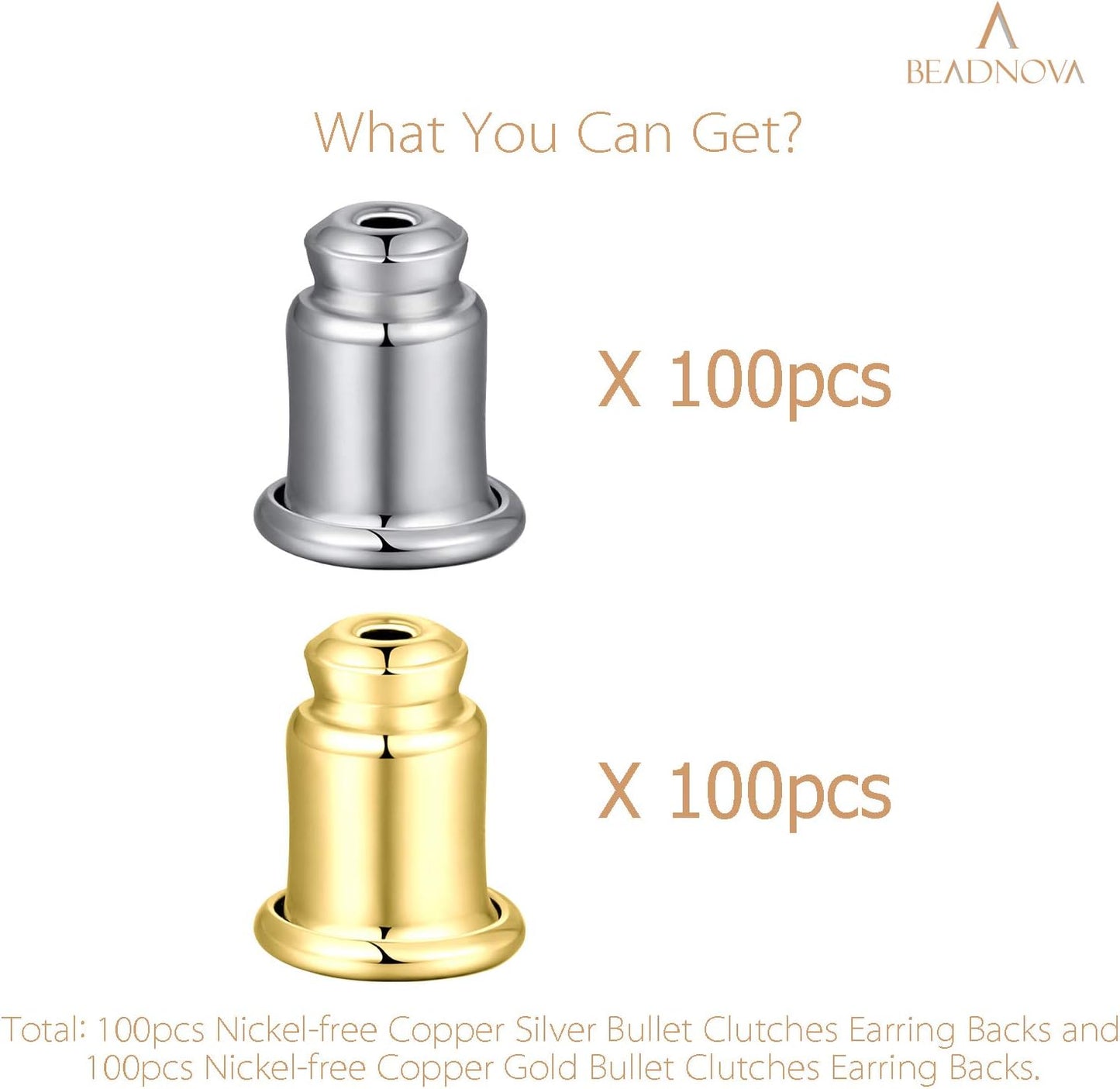 Safety Backs for Earrings Secure Earring Backs Replacements Hypoallergenic Pierced Ear Stud Stoppers for Studs Lock Earstud Backings for Posts (200pcs, Silver and Gold)