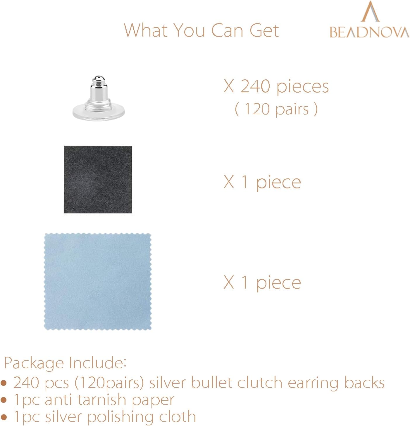 Earring Backs 240pcs Replacements Silver Plated Pierced Hypoallergenic Earring Backs Stoppers Safety Bullet Clutch with Pad for Posts