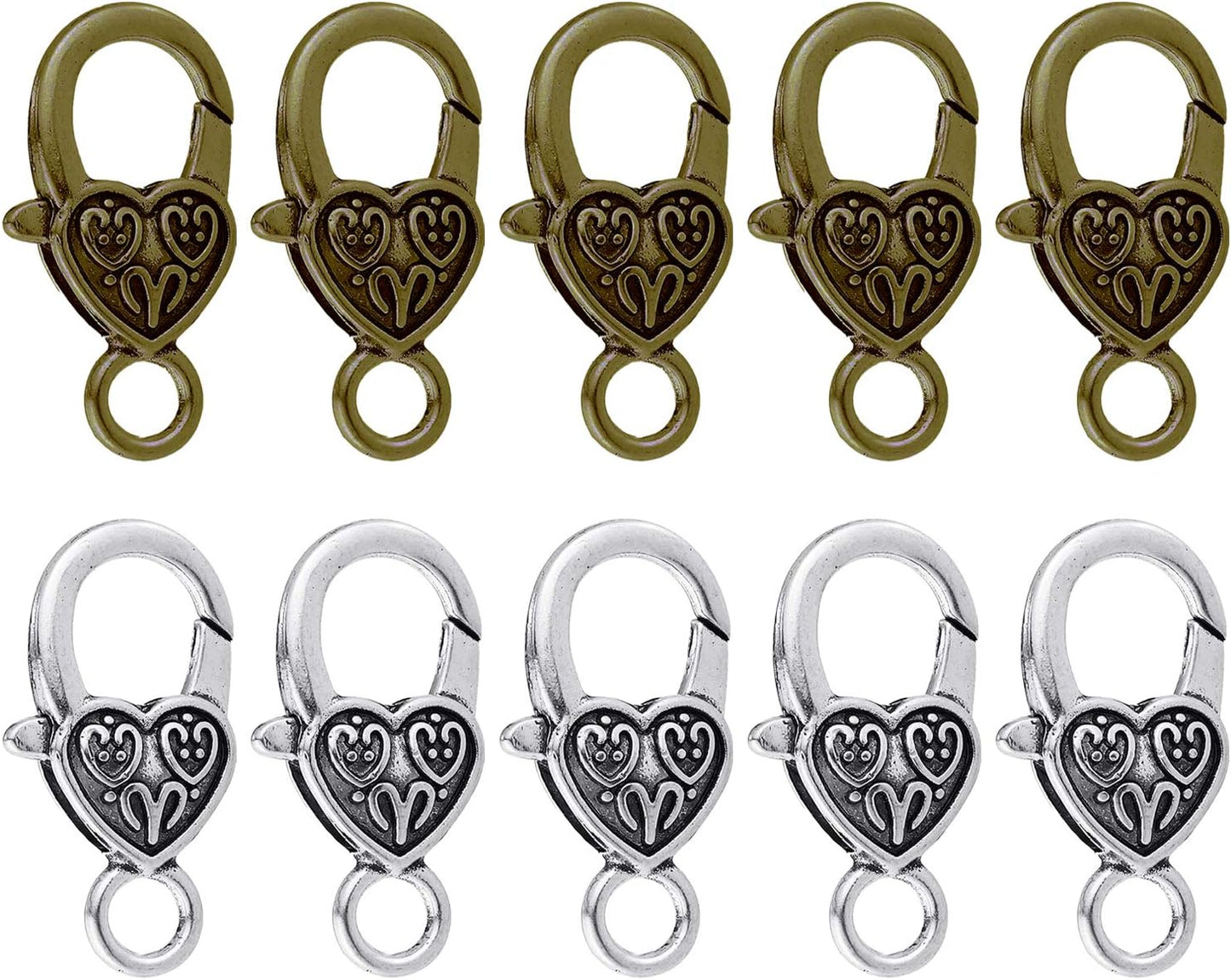 Heart Lobster Clasps 20 Pieces Large Tibetan Antique Heart Lobster Claw Clasps for Jewelry Making Findings Crafts (10pcs Silver, 10pcs Bronze)