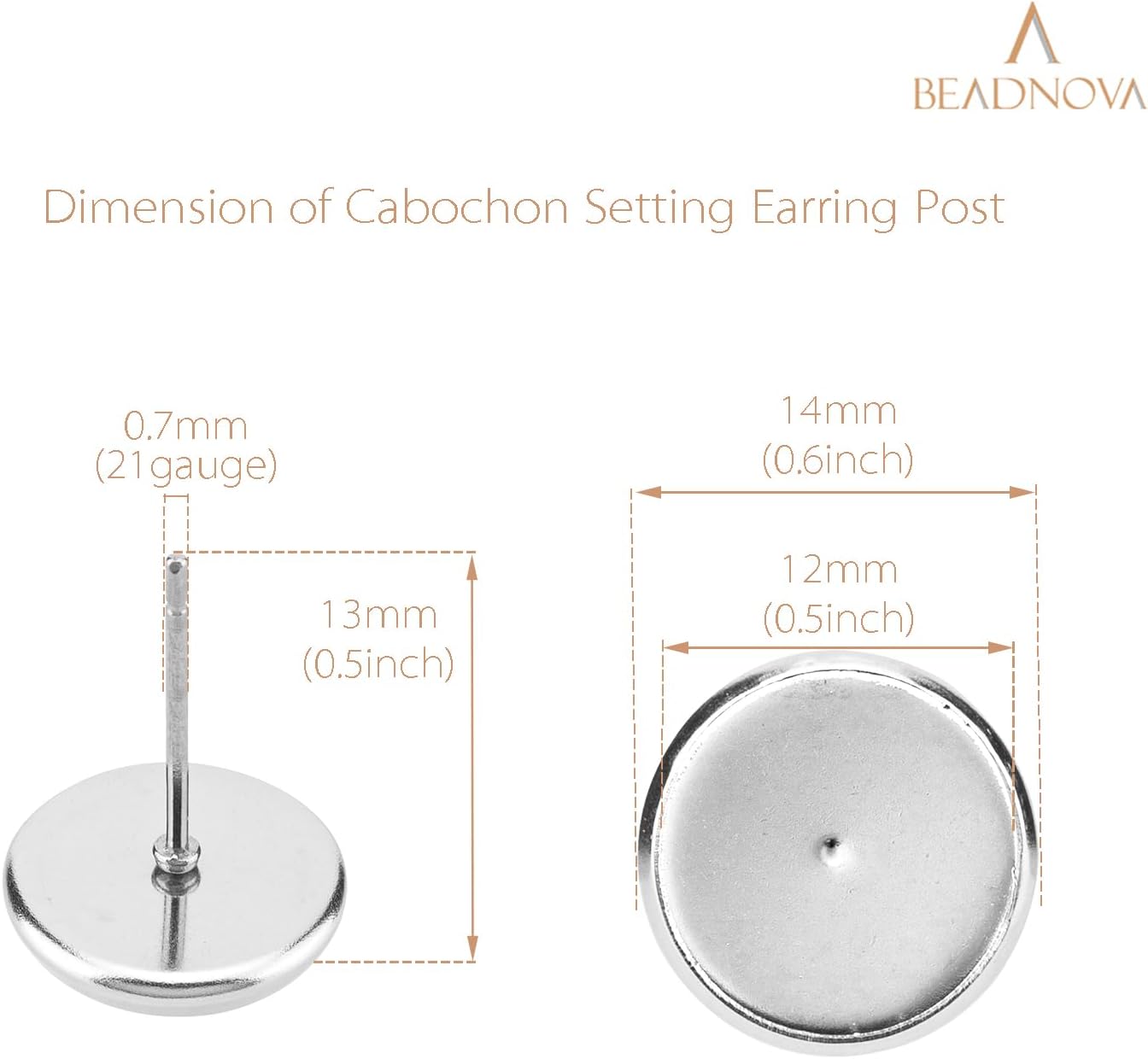 60pcs Blank Earring Studs 12mm Stainless Steel Cabochon Setting Post With Backs for Resin DIY Earstud Making