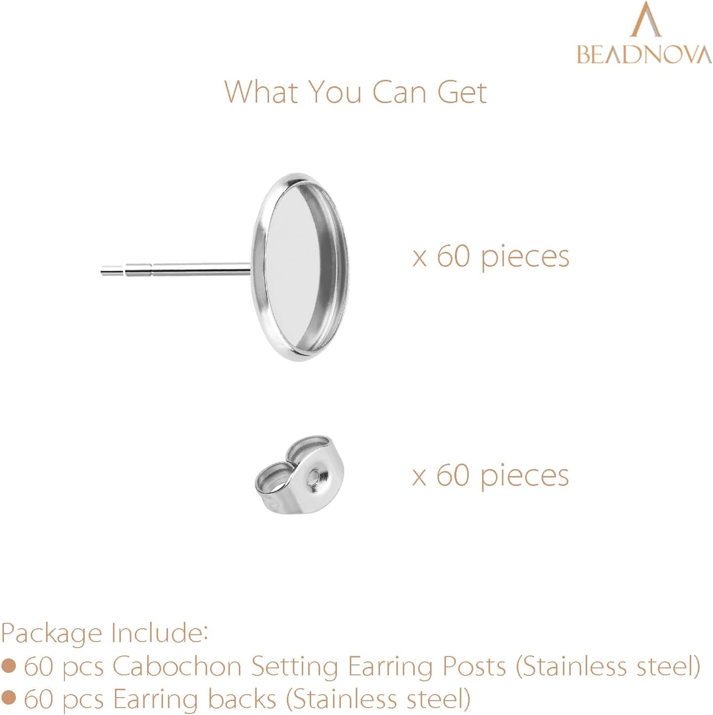 60pcs Blank Earring Studs 12mm Stainless Steel Cabochon Setting Post With Backs for Resin DIY Earstud Making