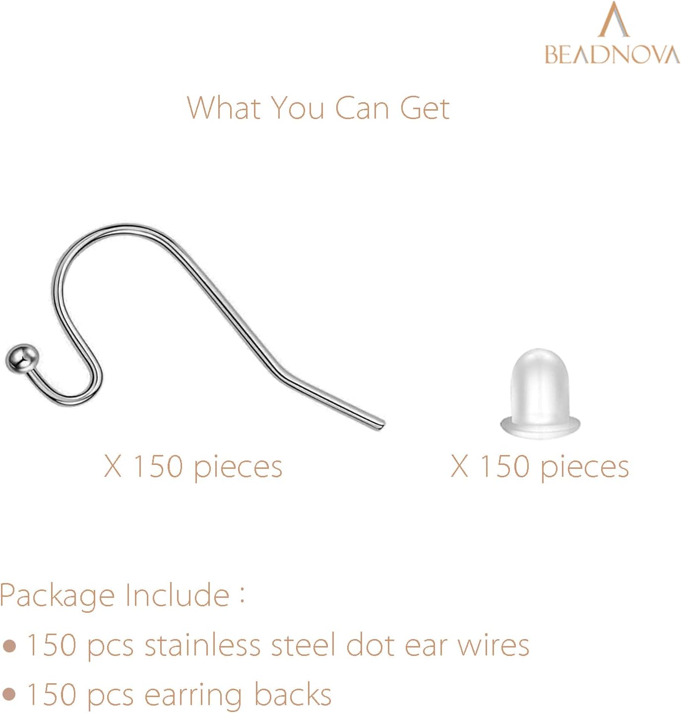 Earring Hooks 150pcs Stainless Steel Ball Dot Ear Wire with Rubber Backs Earwire for Jewelry Making Earring Supplies (150pcs Ear Wire and 150 pcs Backs, Total 300pcs)