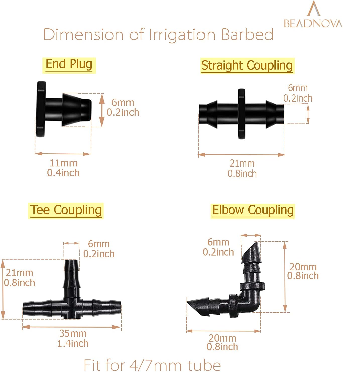 Drip Irrigation Parts 80 Pcs Mix 1/4 Inch Barbed Tee Elbow Straight Couplings End Plugs Fittings Drip Line Connectors for 1/4 Inch Irrigation Tubing Garden Watering System