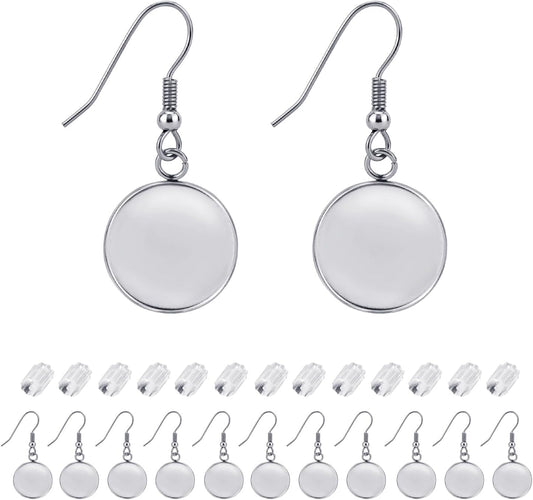 Earring Kit 30pcs Blank Ear Wire Hook 14mm Stainless Steel Cabochon Setting Earring Bezel with Rubber Backs for Cabochon Resin DIY Earwire Making (14mm, 30pcs)