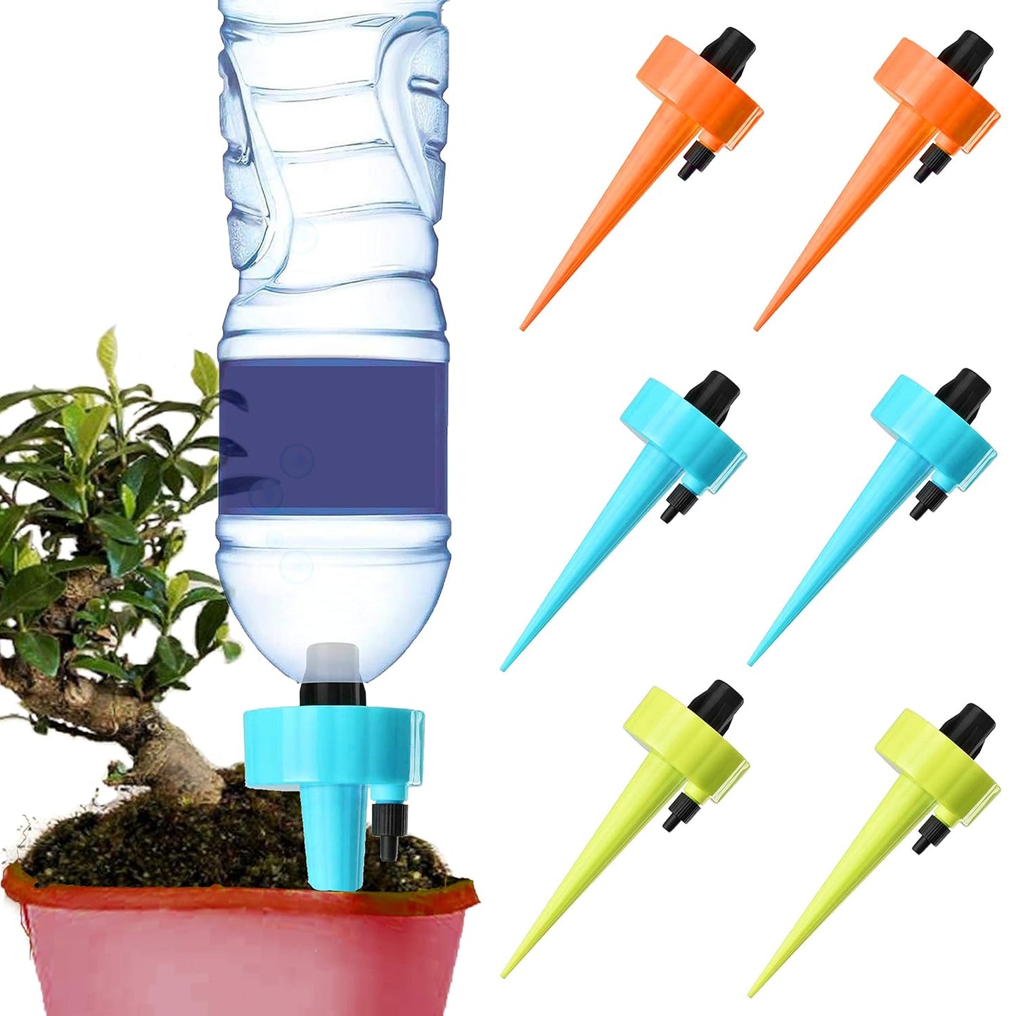 Plant Self Watering Spikes Automatic Irrigation Equipment Adjustable Self Watering Spikes for Plants with Slow Release Control Valve (Orange Blue Green, 6pcs)