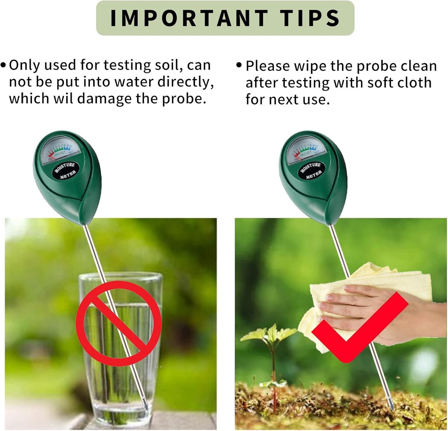 Extended Long Probe Soil Moisture Meter, 2 Pack Plant Water Meter Soil Meter Moisture Sensor Hygrometer for Indoor Outdoor Plant Care,No Battery Needed(Green)