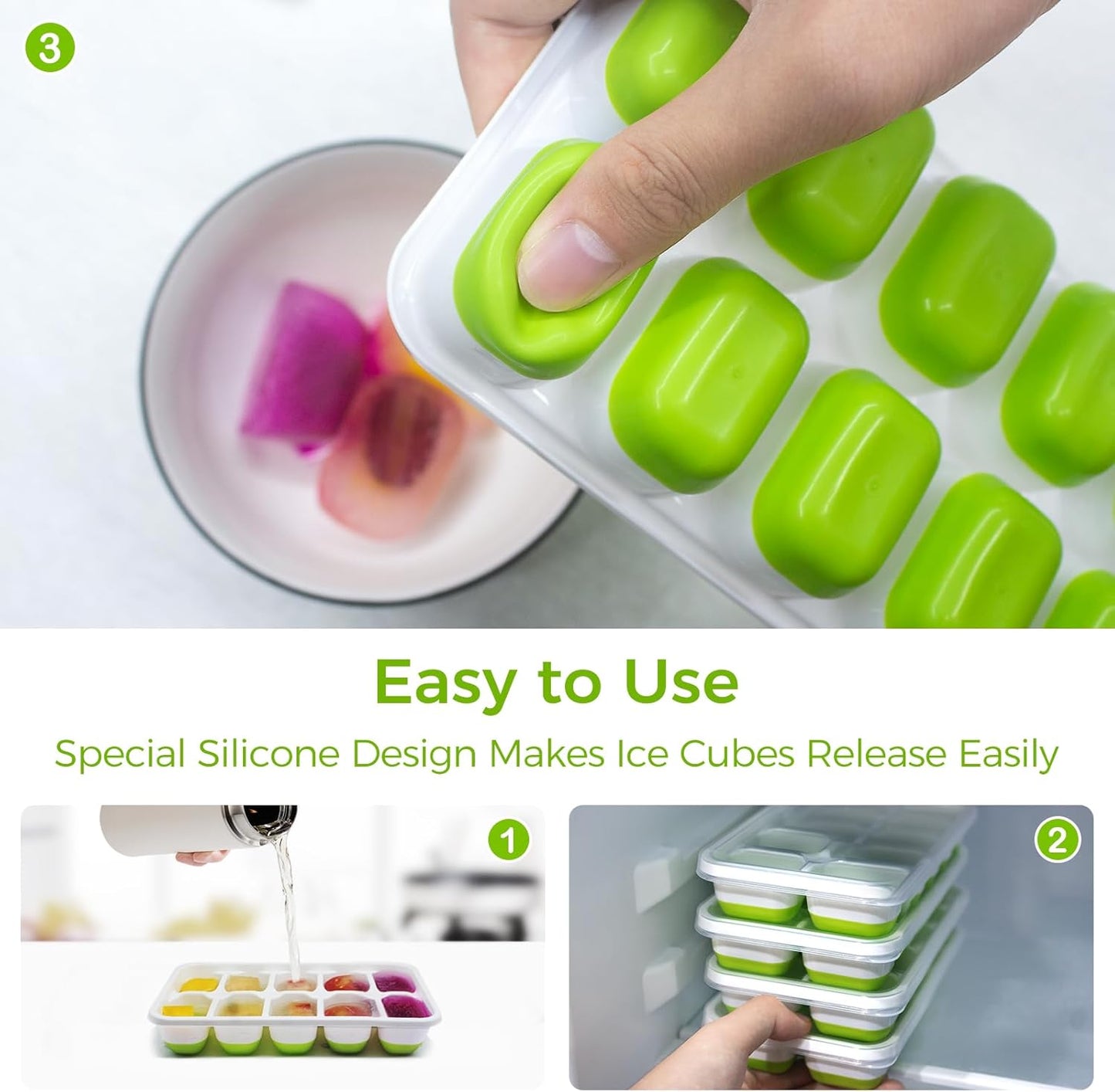 Ice Cube Tray with Lids - 4 Pack Stackable Silicone Ice Trays for Freezer, BPA & LFGB Safe, Easy Release for Kitchen, RV, Cocktail, Coffee, Soup & Food