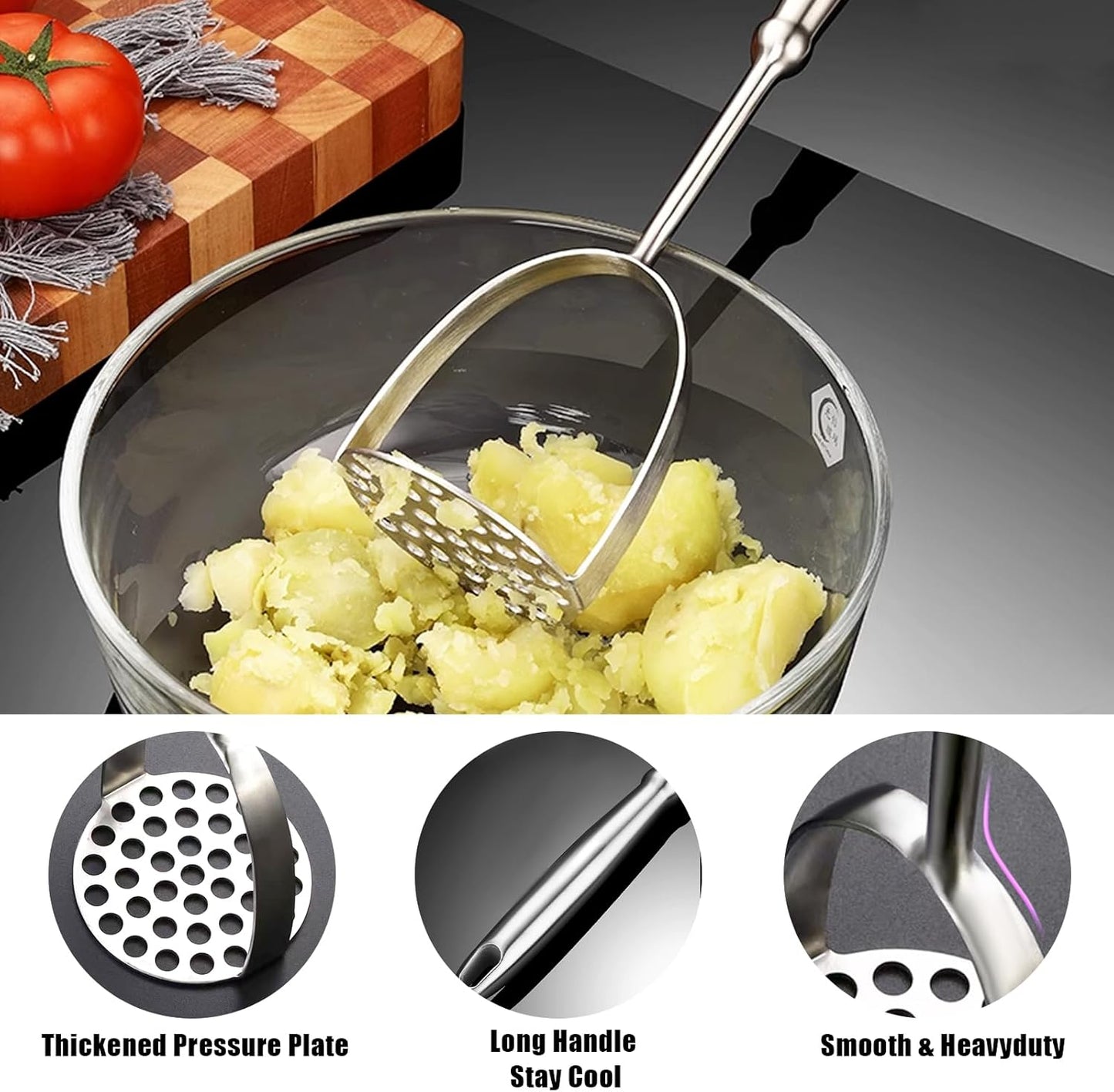 Potato Masher,Stainless Steel Mashed Potatoes Masher with Long Handle for Beans,Avocado,Fruit,Vegetables.One Piece Construction Heavy Duty Masher Kitchen Tool
