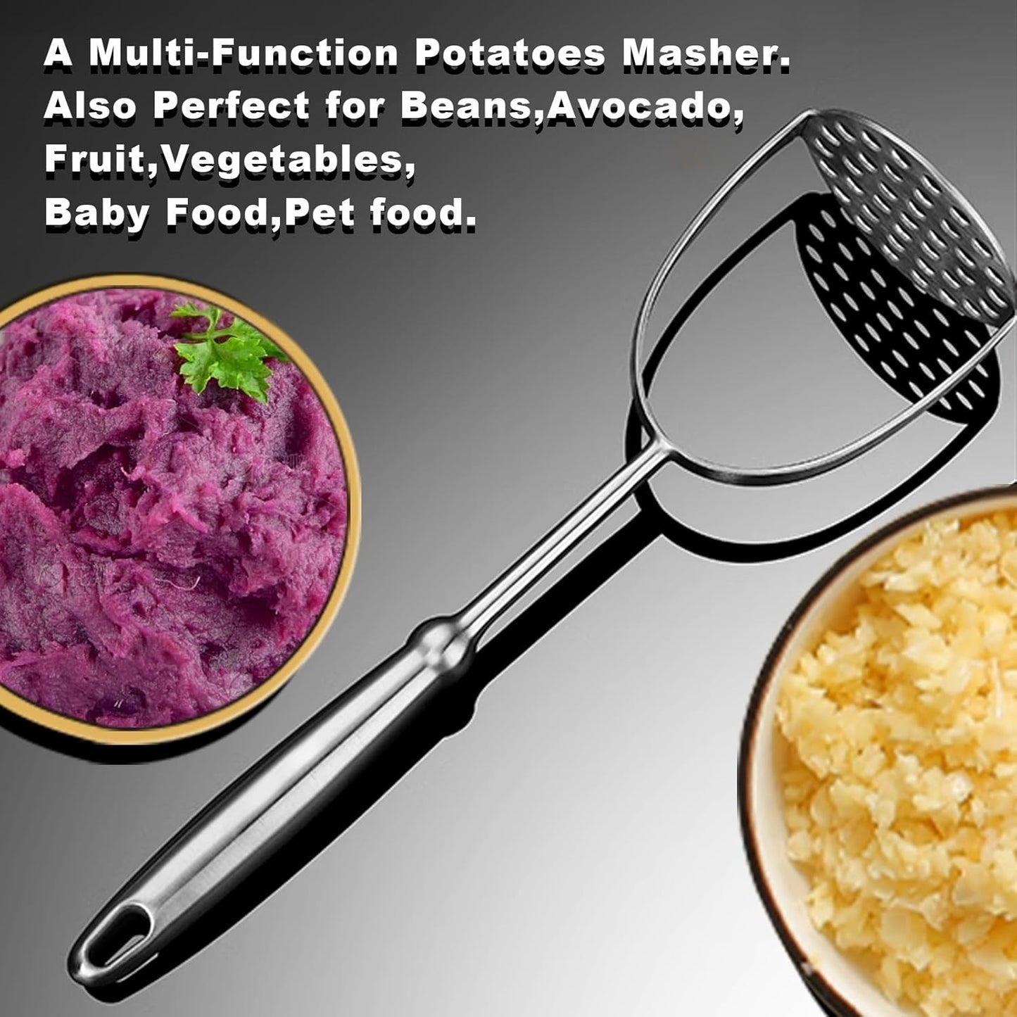 Potato Masher,Stainless Steel Mashed Potatoes Masher with Long Handle for Beans,Avocado,Fruit,Vegetables.One Piece Construction Heavy Duty Masher Kitchen Tool