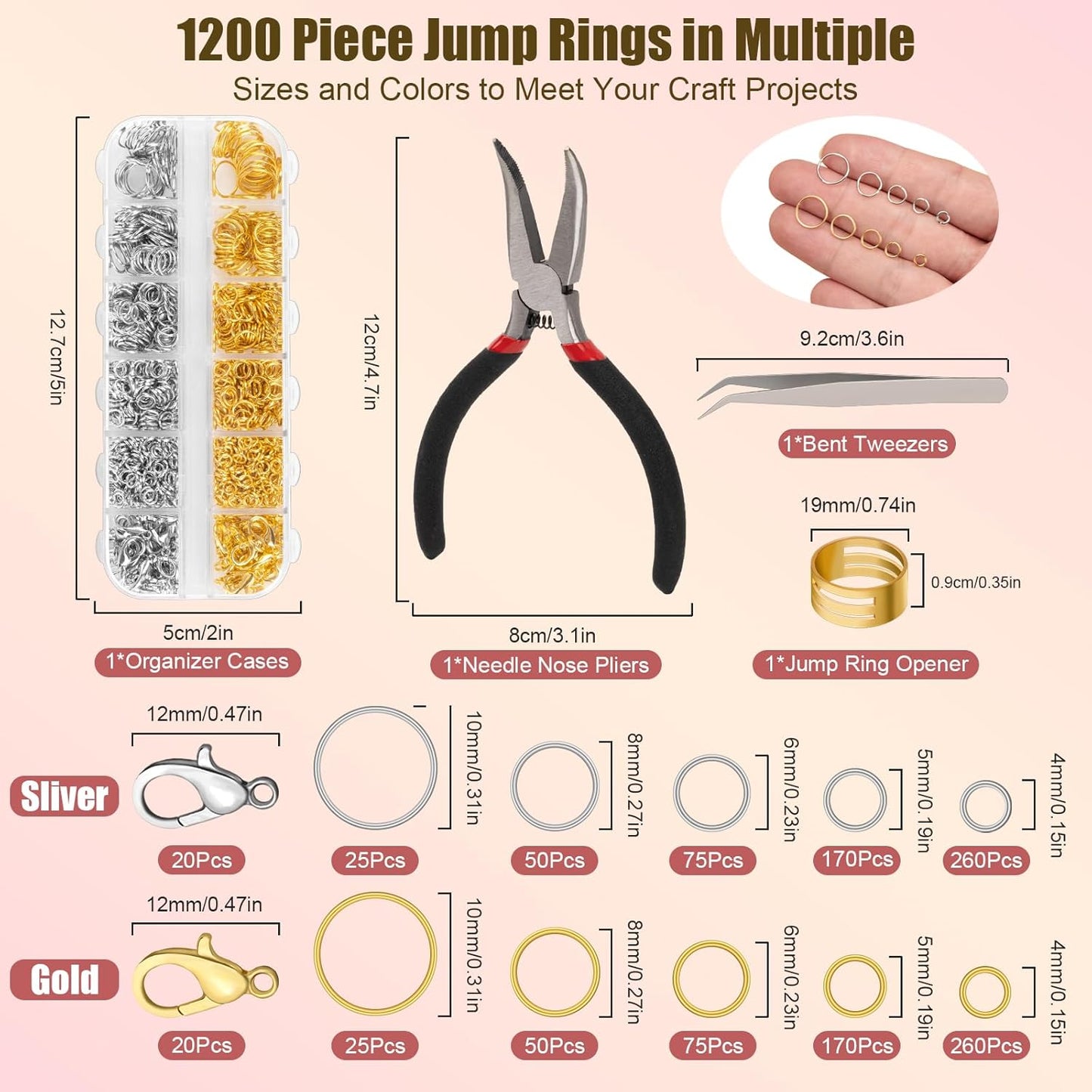 1200 Pcs Jump Rings for Jewelry Making Supplies, Necklace Repair Kit with Open/Close Tools, Pliers, Tweezers, Lobster Clasps, Jewelry Jump Rings for Crafts and Key Chains (Silver and Gold)